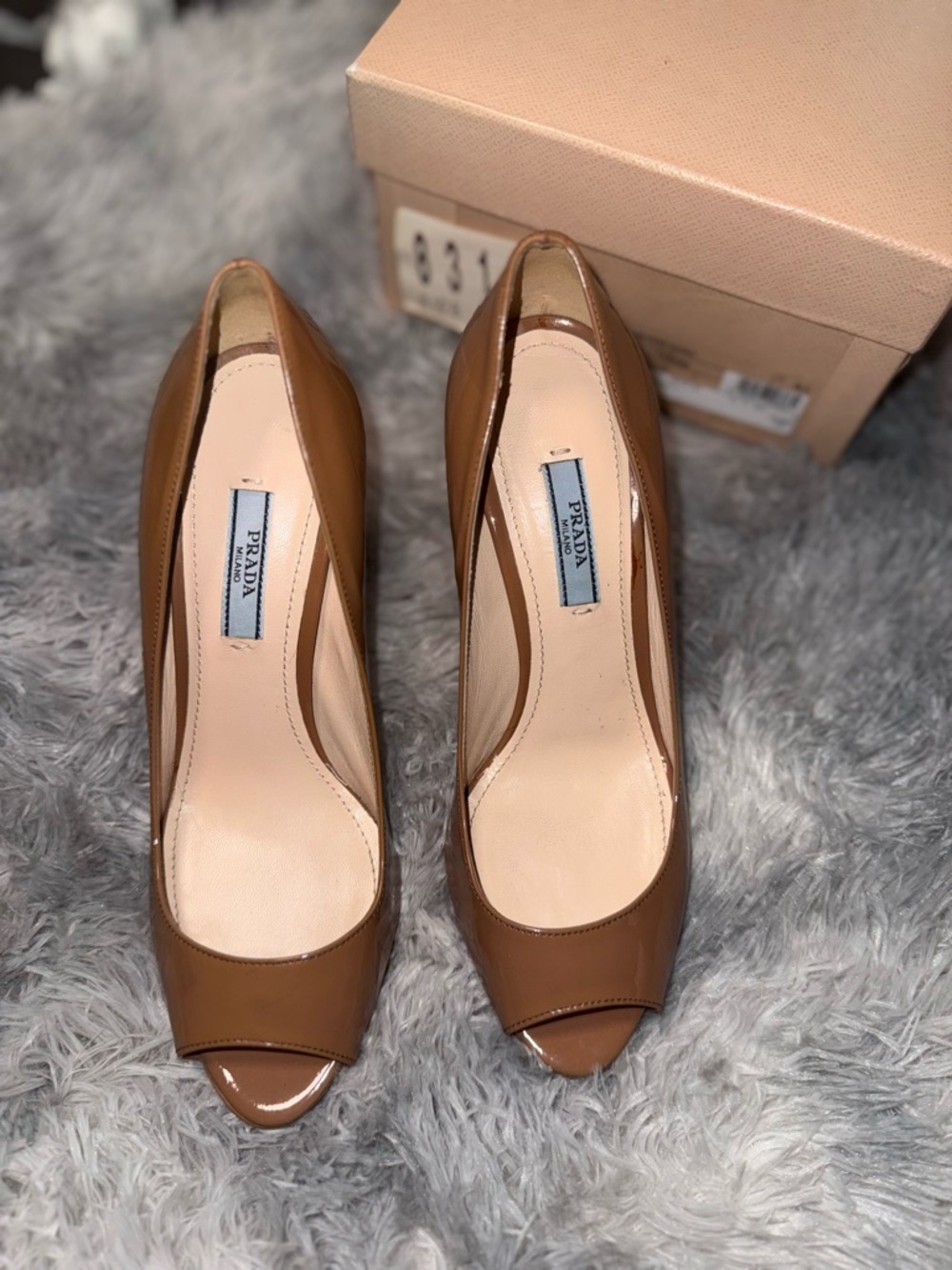Prada Tan Patent Leather Peep-Toe Heels - Picture 3 of 4